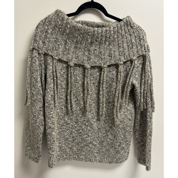 Chico’s Women’s Size 1 (M) Gray/Beige Marled Fringe Knit Sweater Off Shoulder - Picture 1 of 5